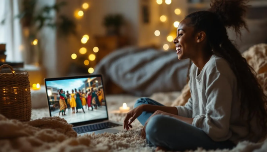 Frau freut sich über ein digitales Geburtstagsvideo am Laptop – modernes Geschenk mit afrikanischem Flair